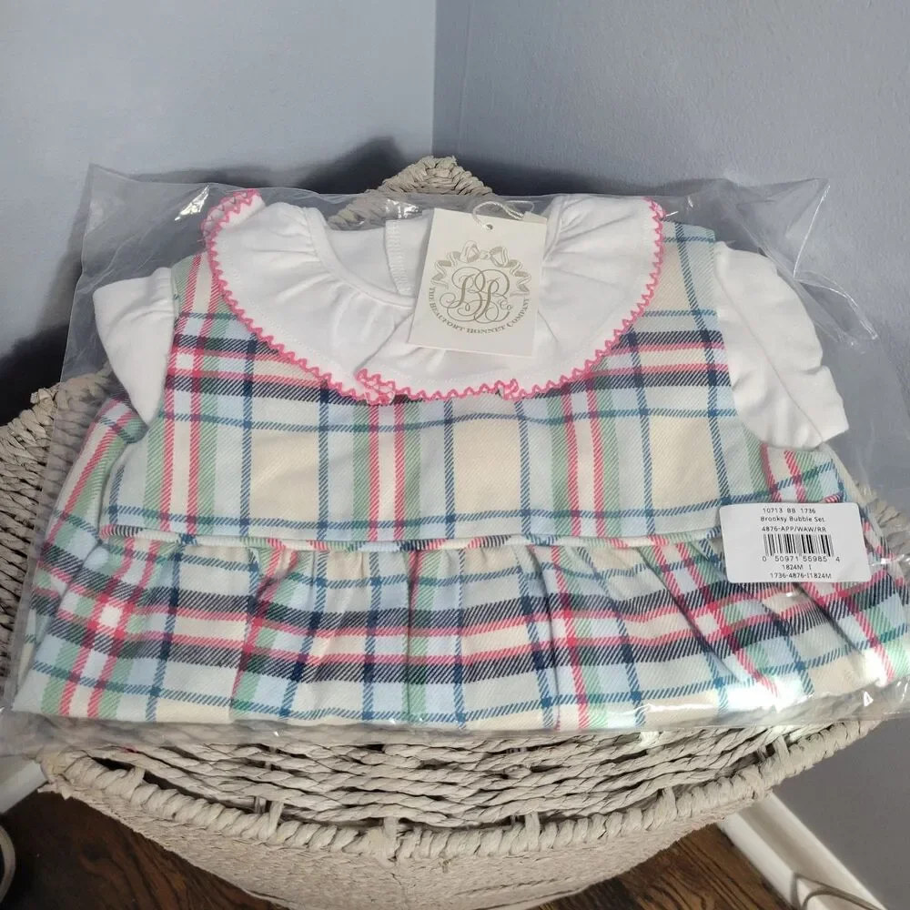 The Beaufort Bonnet Co NWT Classic Plaid Brooksy Bubble Romper Set Girls 18-24M